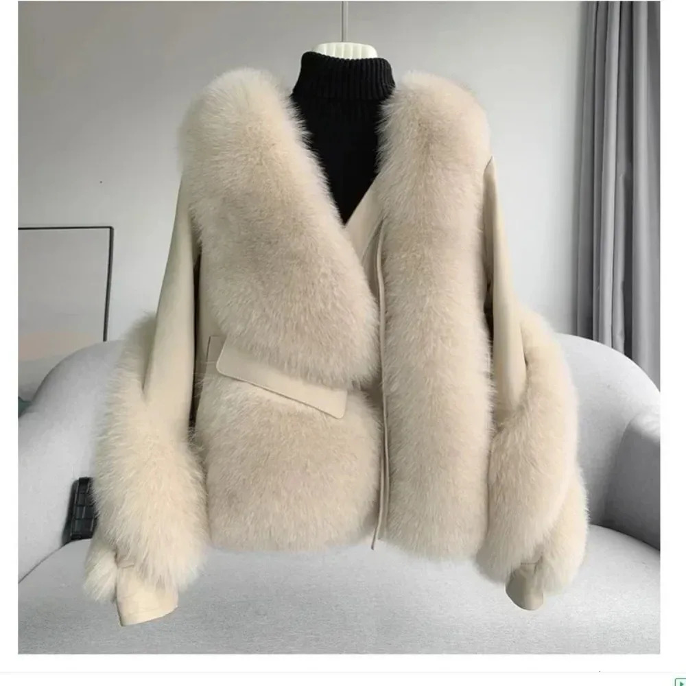 OFTBUY Women Fox Fur Coat Autumn Winter AllinOne Spliced Sheepskin Motorcycle Thickened Warm 251110