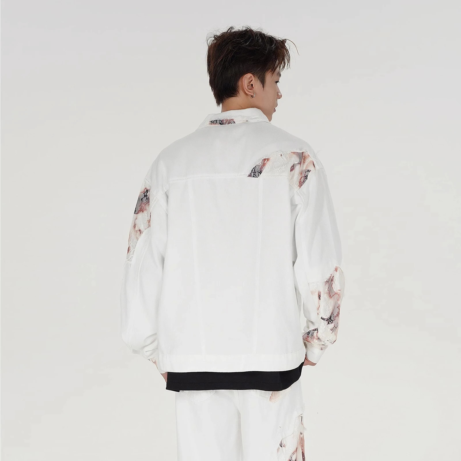 2025 Product Japanese Retro Jacket Denim Street White Jeans Trend Personalized Flame Splicing Stickers Lace Men 250401