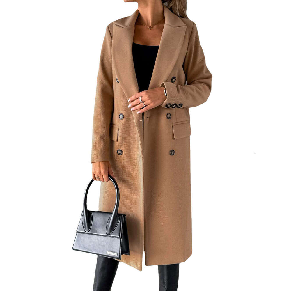 Women's Spring 2025 New Amazon Cross-Border Versatile Wool Coat Solid Color Long Sleeve Double-Breasted with Pockets