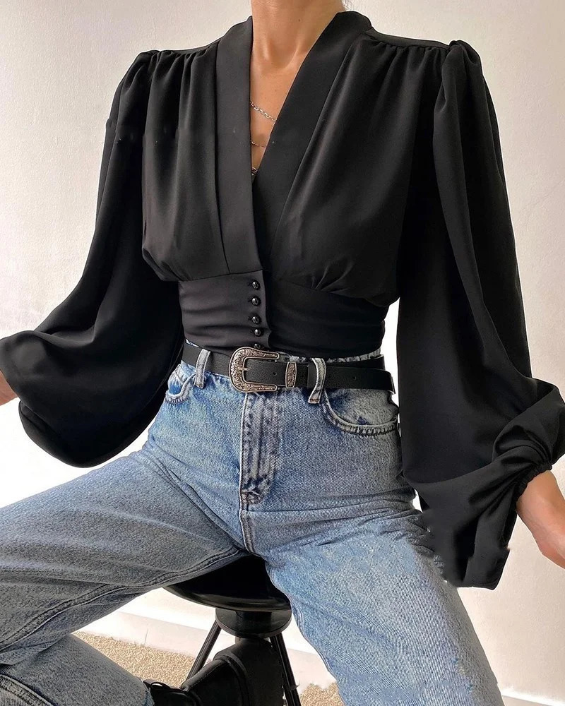 Spring Satin Womens Shirt Red Long Lantern Sleeve Button V-neck Elegant Womens Shirt Spring Fashion Retro Womens Top 250409