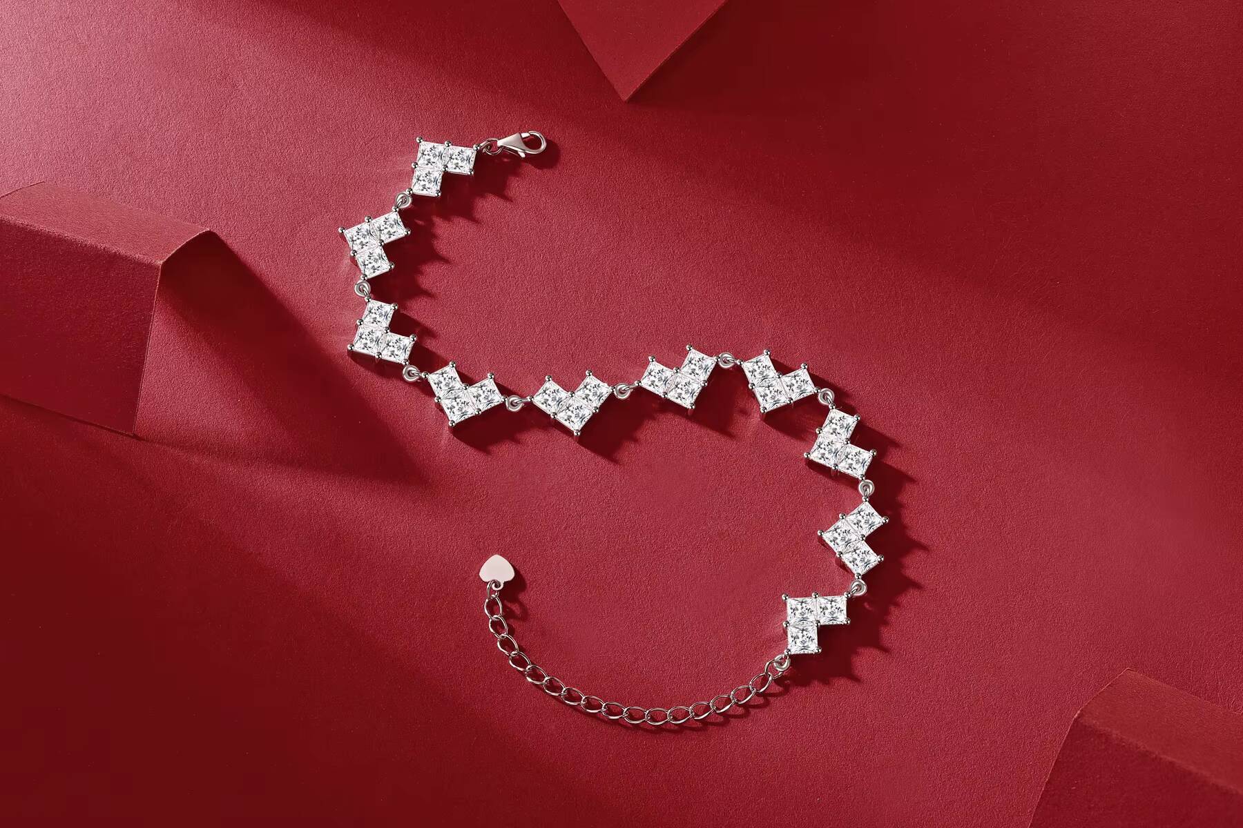 Luxury Jewelry S925 Sterling Silver Shaped Square Moissanite Diamond Iced Out Heart Shuriken Link Bracelet Anklet for Men Lady