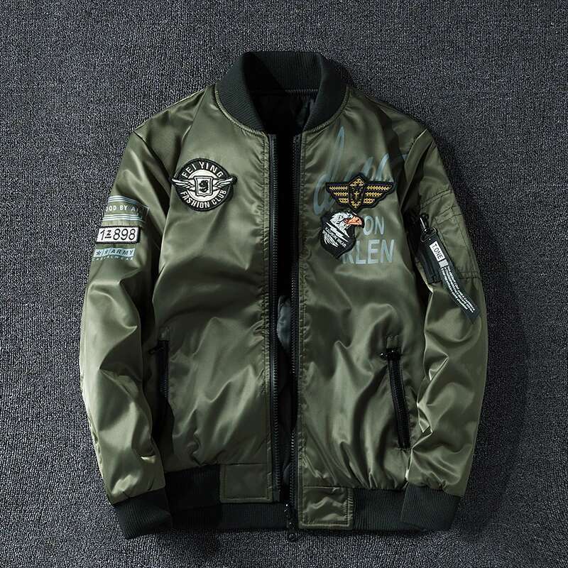 Winter Bomber Military Pilot Badge Fashion Double Side Wear Motorcycle Jacket Autumn Youth Men Clothing Pocket