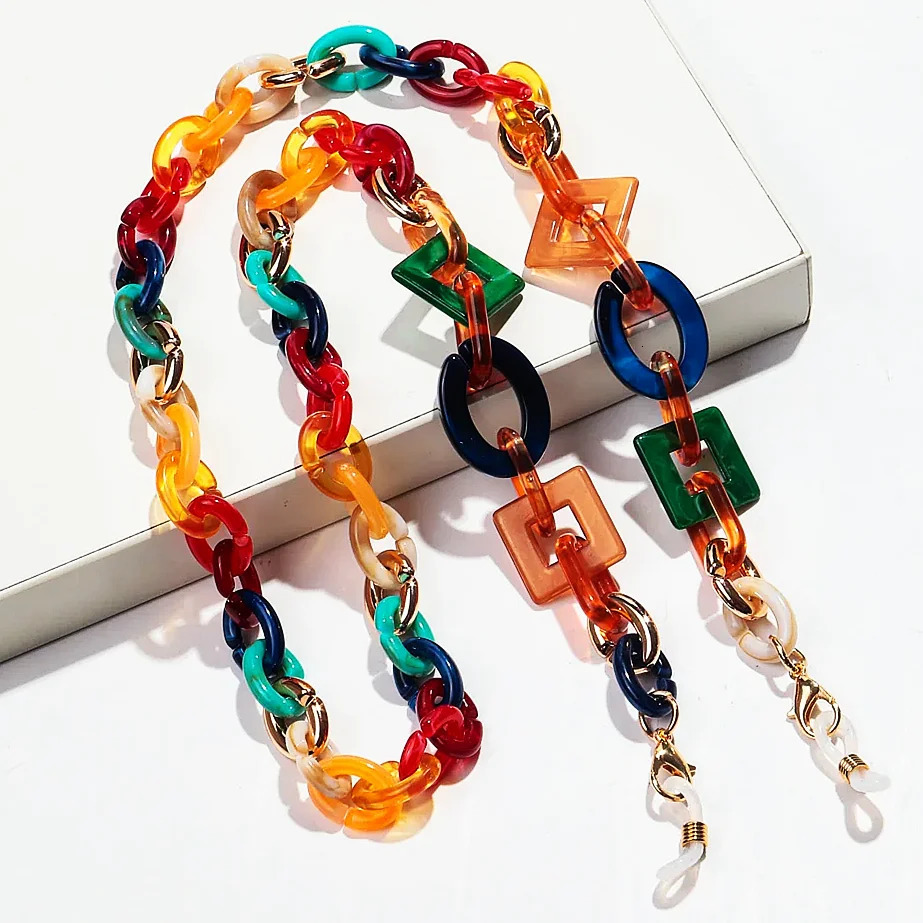 Bohemian Colored Acrylic Womens Glasses Chain Fashion Resin Geometric Tether Rope Strap Hanging Sunglasses Accessories 250410