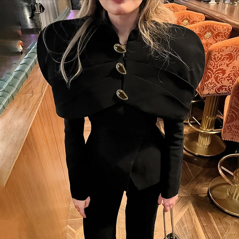 Trendix Black Elegant Blazer For Women Autumn Fashion Gold Buttons Patchwork Jacket Coat Party Vintage Commuter Suit 251110