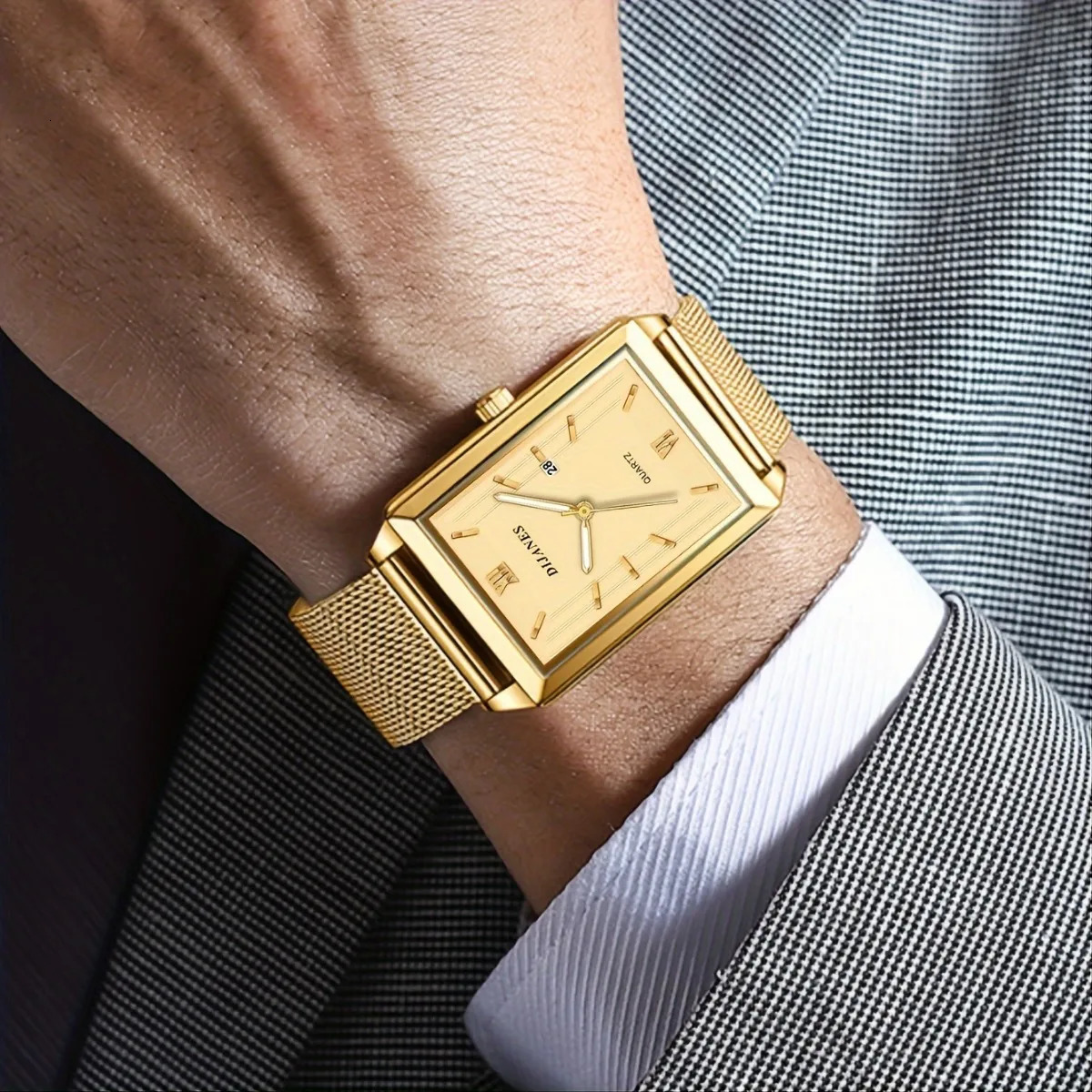 Fashion Mens Business Watches for Men Rectangle Stainless Steel Quartz Wrist Watch Man Casual Leather Watch relogio masculino 251110