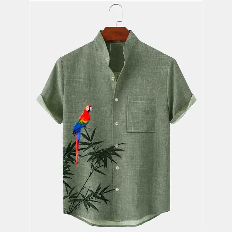 3D printing mens shirt linen shirt pattern printing parrot leaf standing collar white light green purple green gray outdoor street X250410