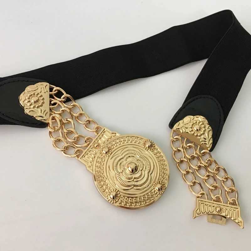 Womens floral elastic gold chain strap Fem waist gold metal flower design strap Womens dress elastic Cummerbundles X250410