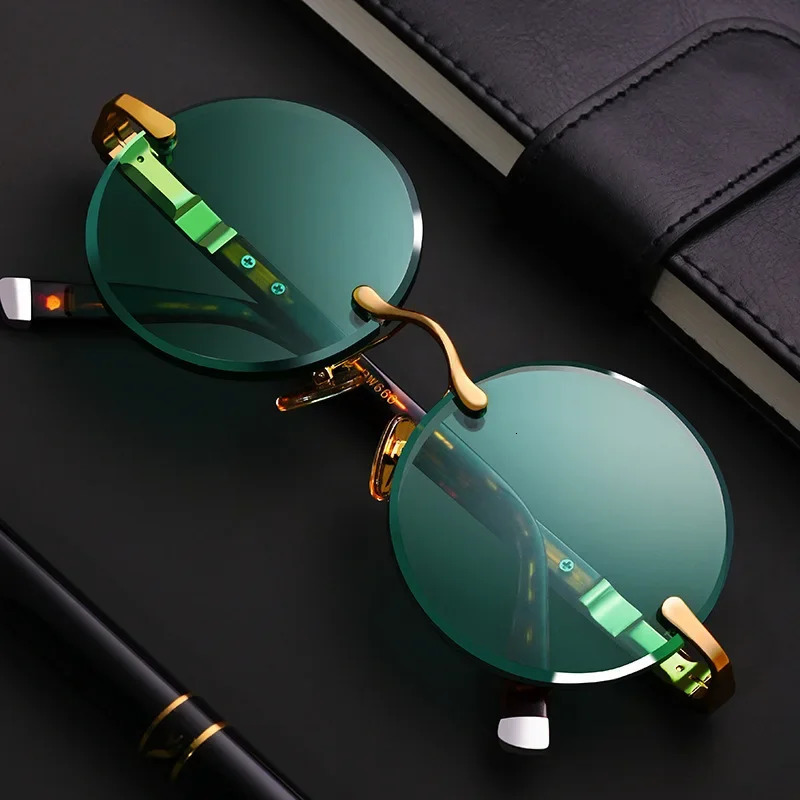 Fashion Classic Borderless Sunglasses Womens Crystal Deep Green Retro Round Outdoor Driving Glasses 250410