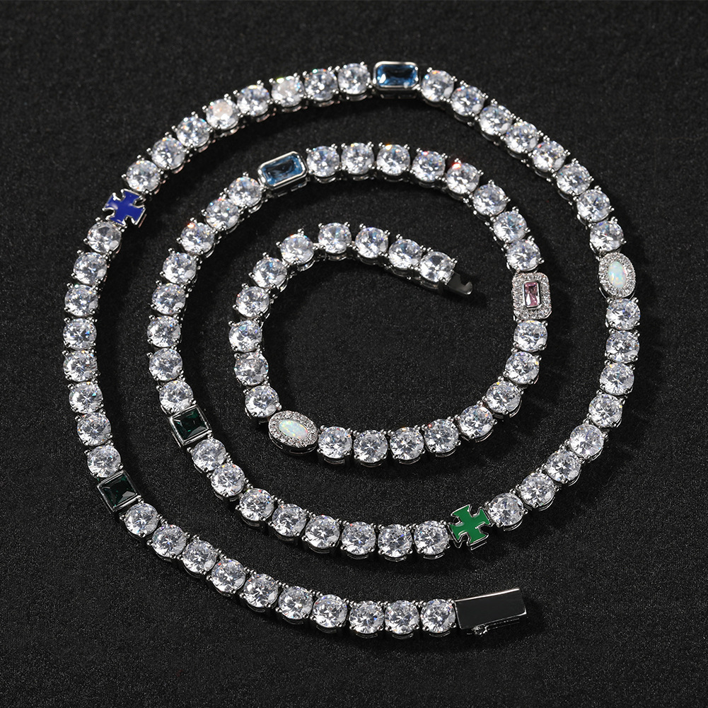 Hip Hop Full Colorful Cz Stones Opal Tennis Chain Necklace 14k Real Gold Plated Copper Bling Cubic Zircon Unisex Chains Party Rap Jewelry Accessories 