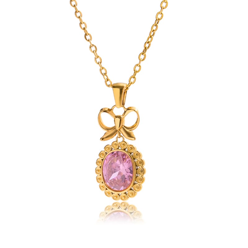 Jewellery High Quality Vintage Dainty Pink Gemstone Bow Pendant Necklace with Oval Cut Zircon Court Style for Special Occasions Gift Textured Elegant 