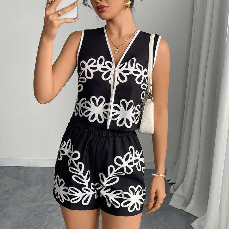 Cross-Border European American Elegant Short Vest and Shorts 2025 Summer Vacation Style Amazon Foreign Trade Women's Two-Piece Set