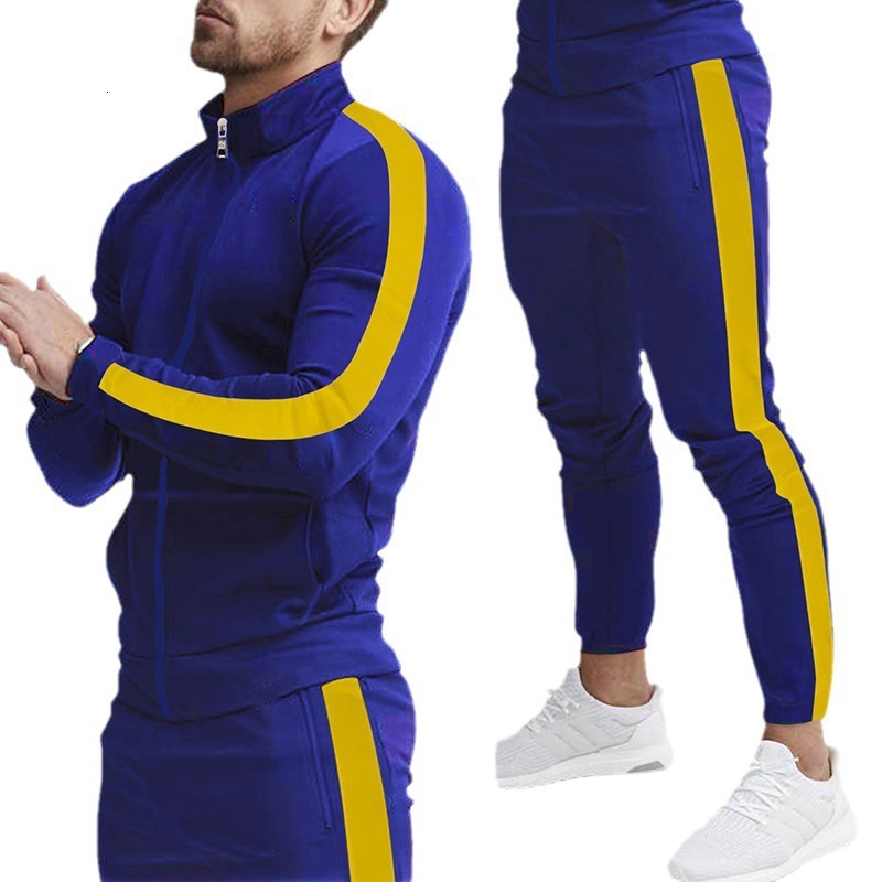 2024 Spring and Autumn New Mens Long sleeved Pants Casual Sports Set with Splicing Stand up Collar and Slim Fit