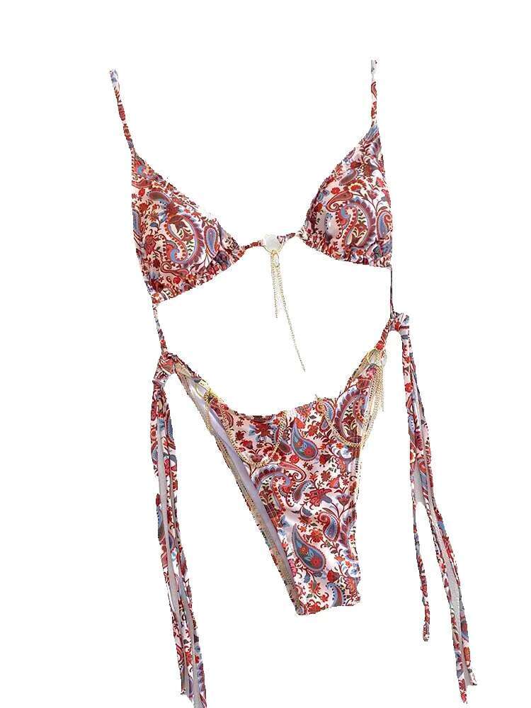 Sexy triangular chain set, mini flip flops women's bikini, beach bandage printed swimsuit, thong bikini