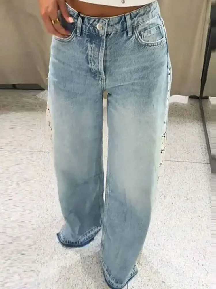 Womens Jean Lace Hollow Out Patchwork High Waist Denim Trouser Ladies Office Commute Streetwear Woman Wide Leg Long Pant C251110