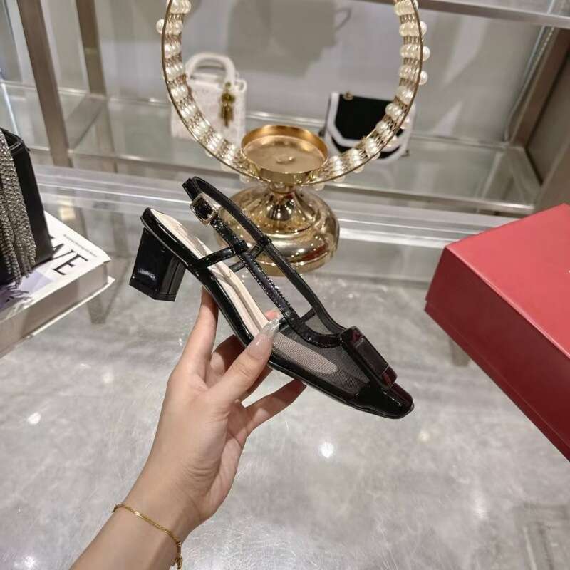 2025 New Version Chunky Color Block Metal Buckle Closed Square Toe Mesh Backless High Heel Sandals Patent Leather Women