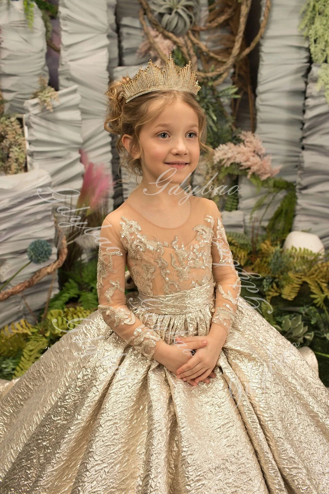 Golden satin flower girl dress suitable for children transparent neckline sequin sticker bow wedding party dance dress full set of birthday dresses 25