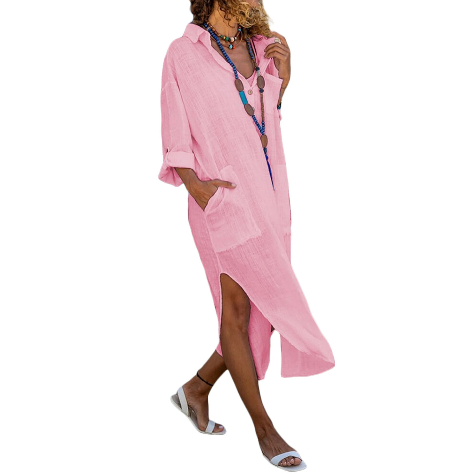 Yiiciovy solid color bikini top Bohemian beach shirt dress casual long sleeved womens lapel side seam swimsuit suit 250408