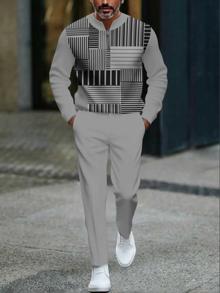 Mens Cross-Border Casual Two-Piece Set Stand Collar Half-Open Placket Top Pants Comfortable Breathable Perfect for Sports W251110