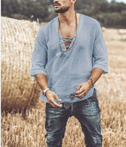 2025 New European and American Style Wish Amazon Hot Men's Chest Tie Eyelet Short Sleeve T-Shirt Shirt