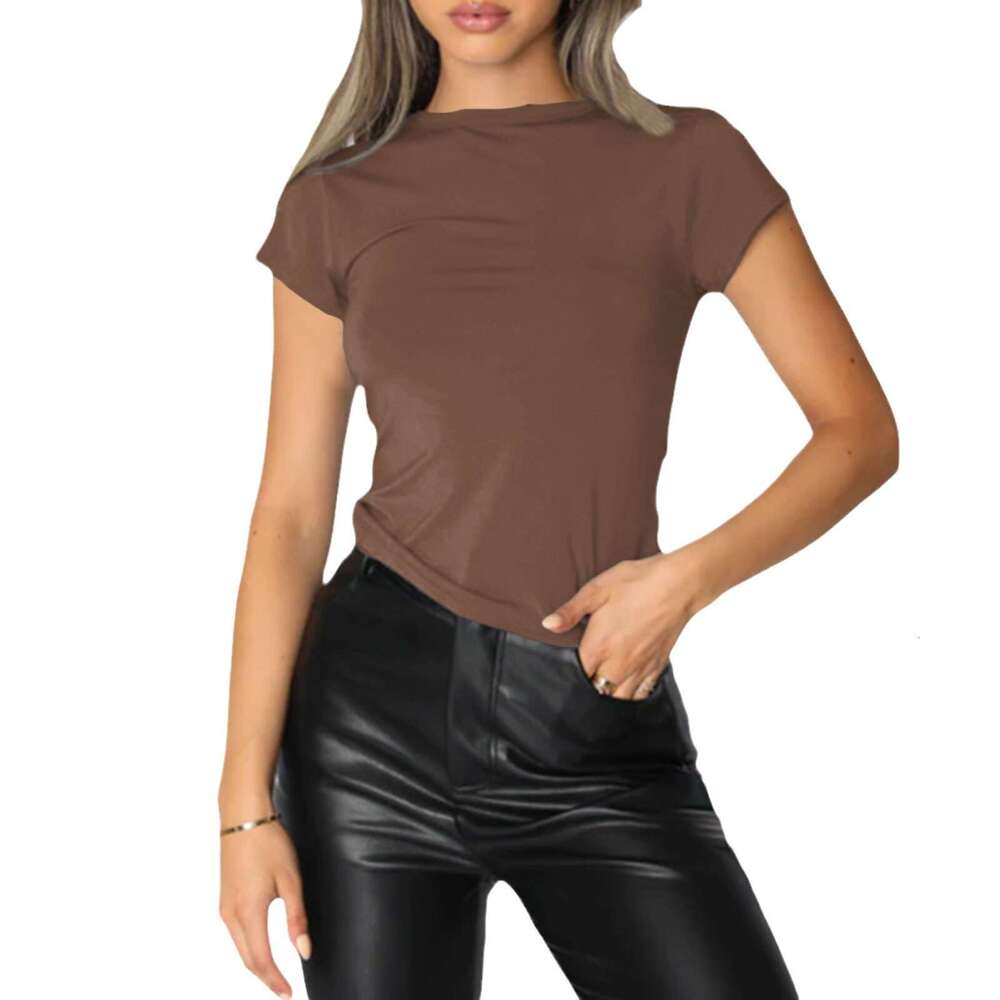 Women's Fashion Casual Short Sleeve Spring Autumn Solid Color Slim Fit Pullover T-Shirt Streetwear Base Shirt Top