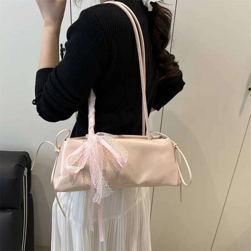 Fashion Bow Lace Ribbons Pu Shoulder Bags For Women Versatile Commuter Ladies Underarm Bag Solid Color Female Handbags Purse