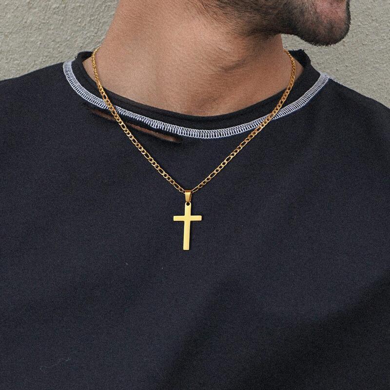 Hot selg stainless steel cross necklace for men's Figaro chain black sier gold ten pendant