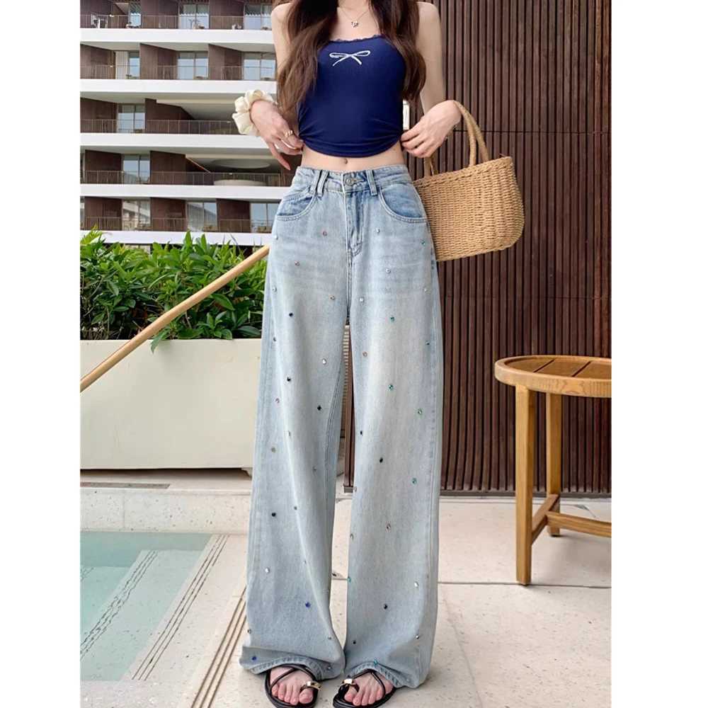 Spring New Womens Shiny Colored Rhinestone High Waist Denim Jeans Pant Luxury Washed Light Blue Wide Leg Pants Chic Trousers C251110