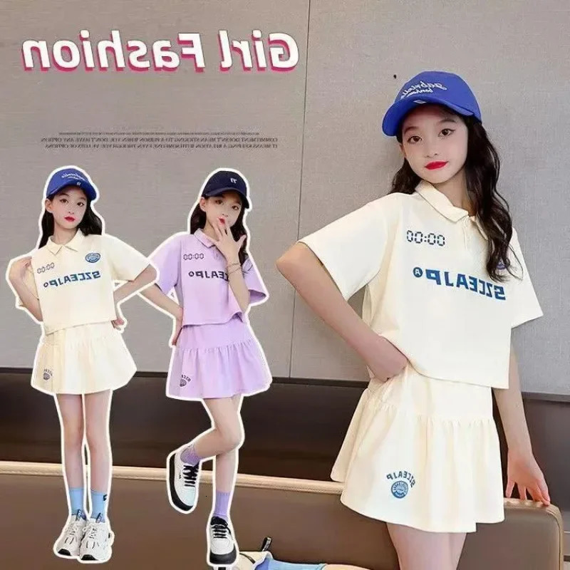 Summer teenage girls clothing set childrens letter printed lapel T-shirt and skirt set childrens short sleeved polo 2-piece set 250409