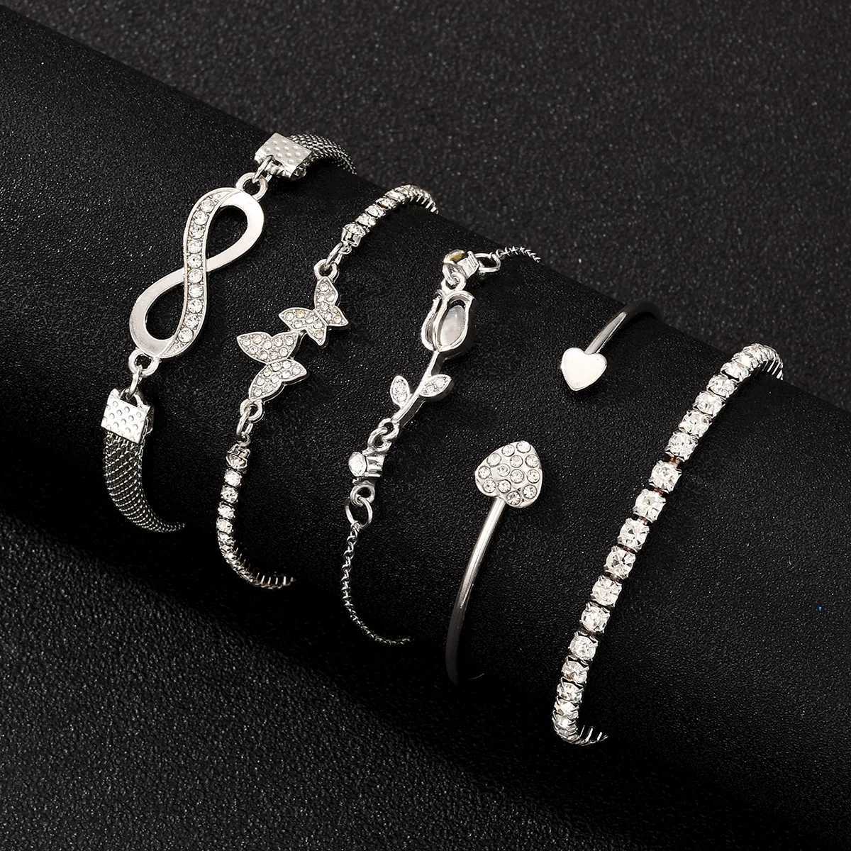 5Pcs Vintage Elegant Heart Butterfly Bracelets For Women Silver Color Rose Infinity Crystal Bracelets Sets Fashion Jewelry GiftT251110