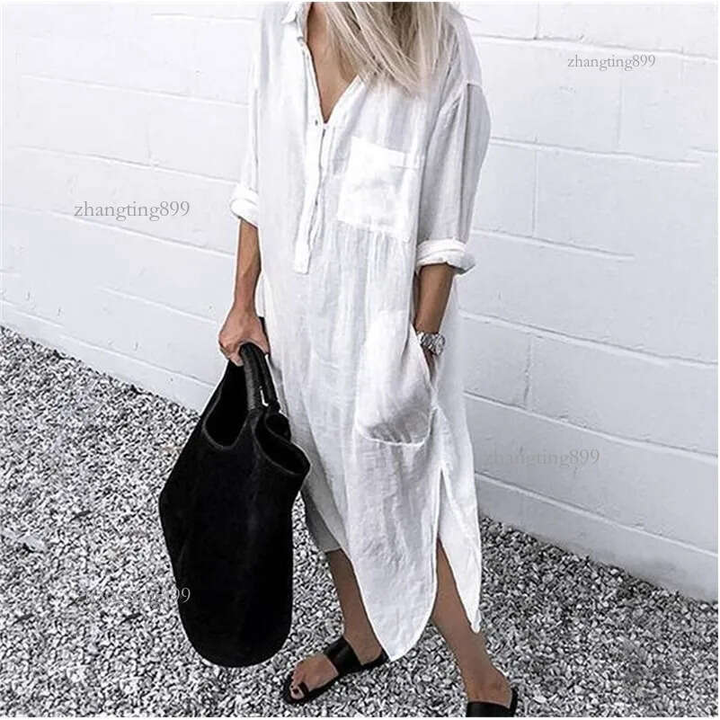 Linen Beach Attire Women's Long Summer Dress - White Oversized Cotton Linen Casual Shirt Dress Spring Fashion Beach Clothing
