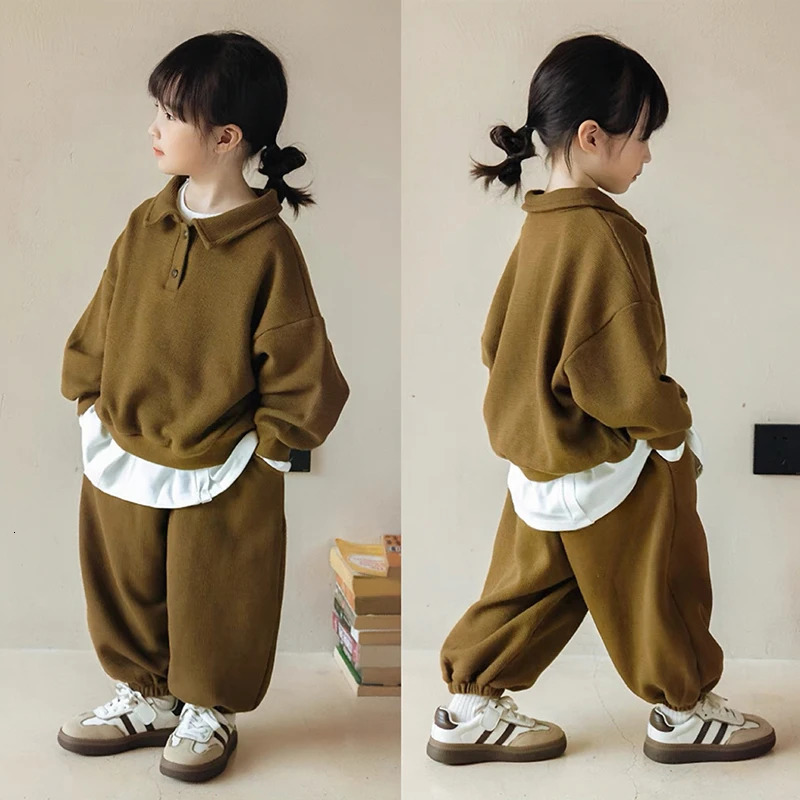 Korean boys winter set fashion plush polo shirtwaffle pants autumn two-piece set womens top and bottom pants set 250409