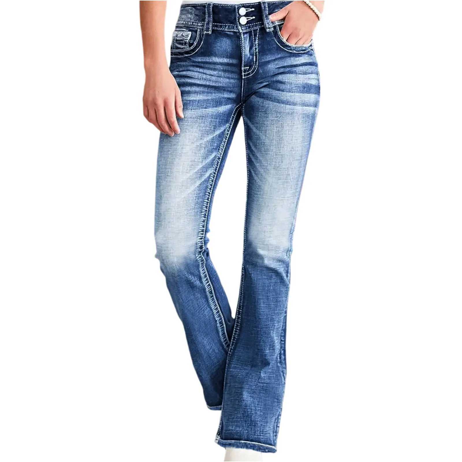 Fashion Womens Slim Fit Flared Denim Jeans Casual High Waist Blue Jeans With Pockets Comfortable Retro Embroidered Denim Jeans C251110