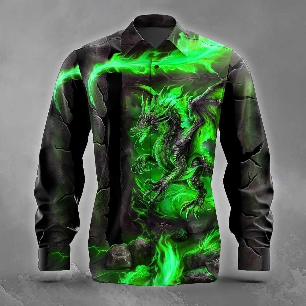 2025 Fashion Mens Animal Dragon Button Up Shirt Vintage Long Sleeve Retro Style Streetwear Turndown 3D Print Collared Shirts K251110