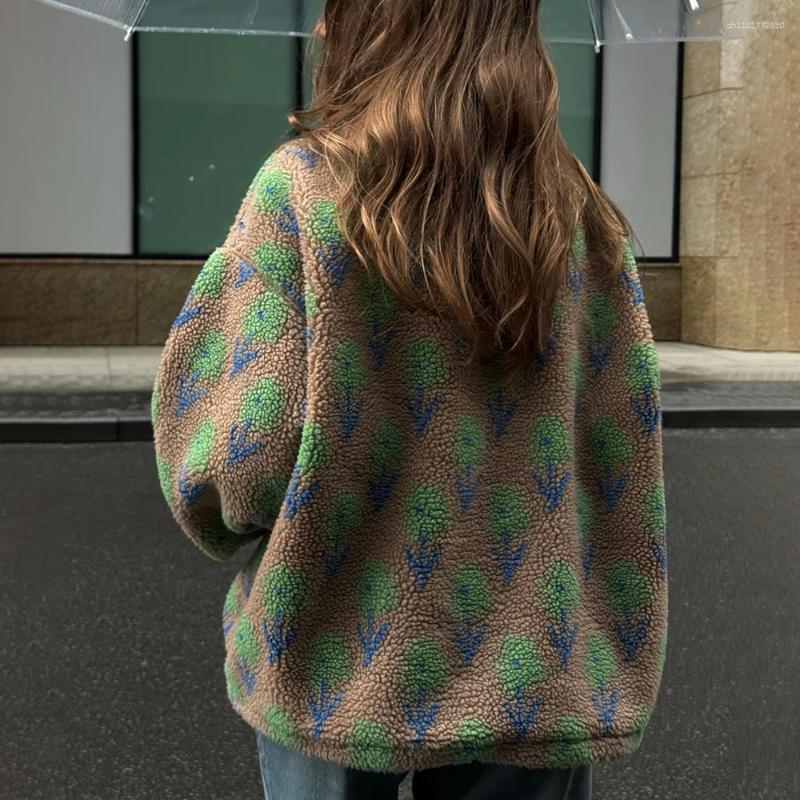 Women's Hoodies Ticketsx Women Printed Lamb Fur Vintage Fashion Floral Contrast Loose Pullover Fall Winter Casual Street Office