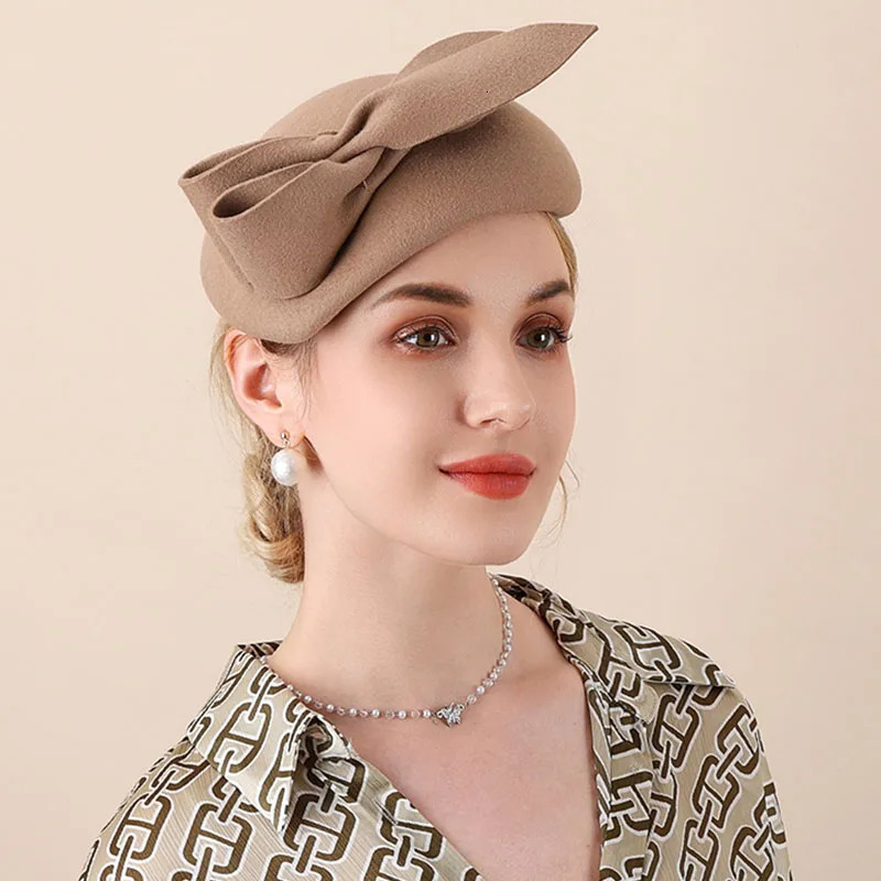 Women French Style Beret Wool Felt Hat Bow Dressy Fedora Hat Winter Pillbox Hat Dressy Hats Wedding Bridal Occasion Church Hat 250409