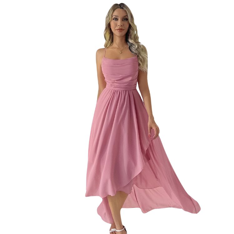 Women's Elegant Party Chiffon Dress, Spaghetti Strap Off-Shoulder Asymmetric Hem Maxi Dress, Available in Pink/Wine Red/Green/Purple---D245