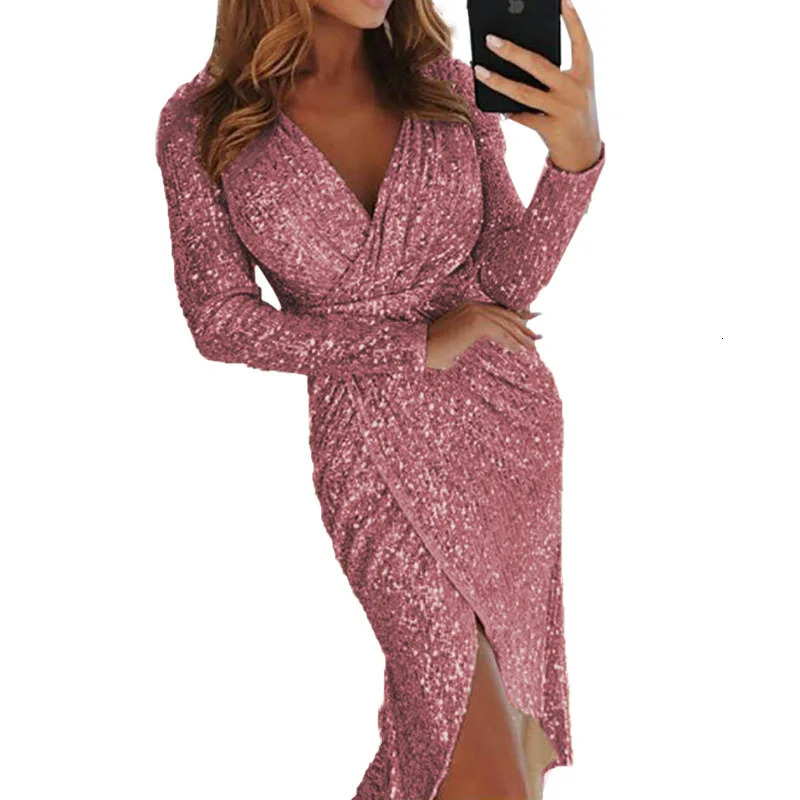 womens gold-plated long sleeved V-neck sparkling evening gown sexy dress 250403