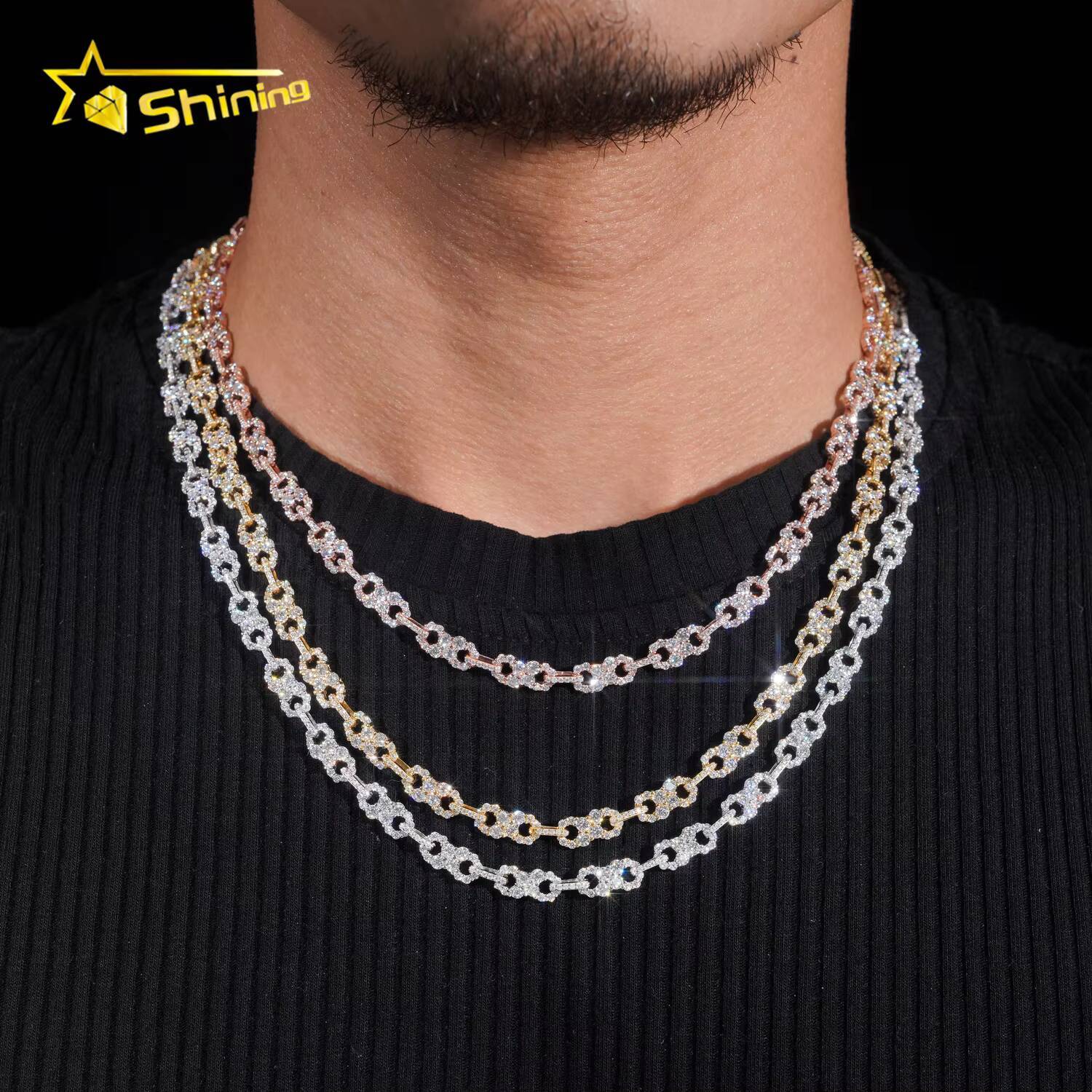 New Hip Hop Design Moissanite Infinity Link Chain Iced Out 925 Silver Men Gold Plated Moissanite Cuban Necklace