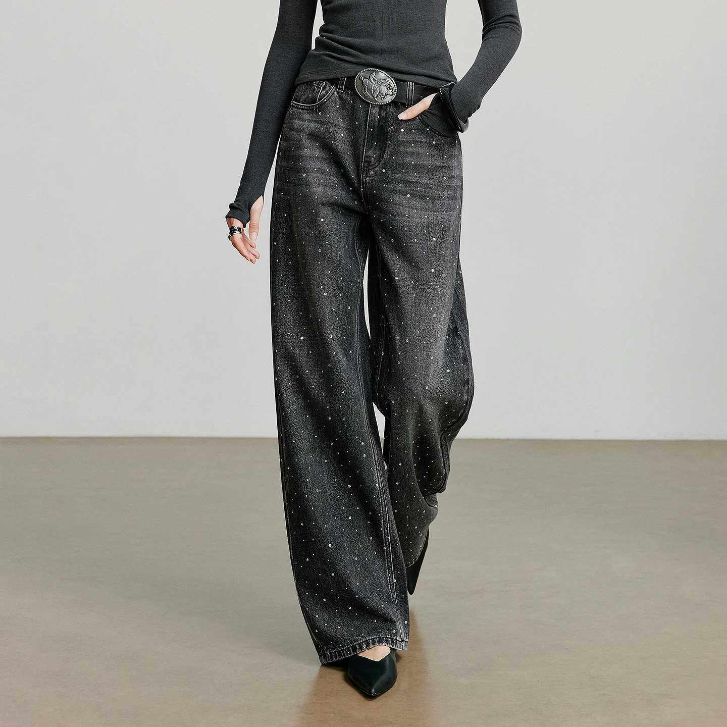 TOYOUTH Women Cowboy Wide Leg Pants 2025 Autumn New Punk Style Diamond Decor Straight Banana Pants C251110