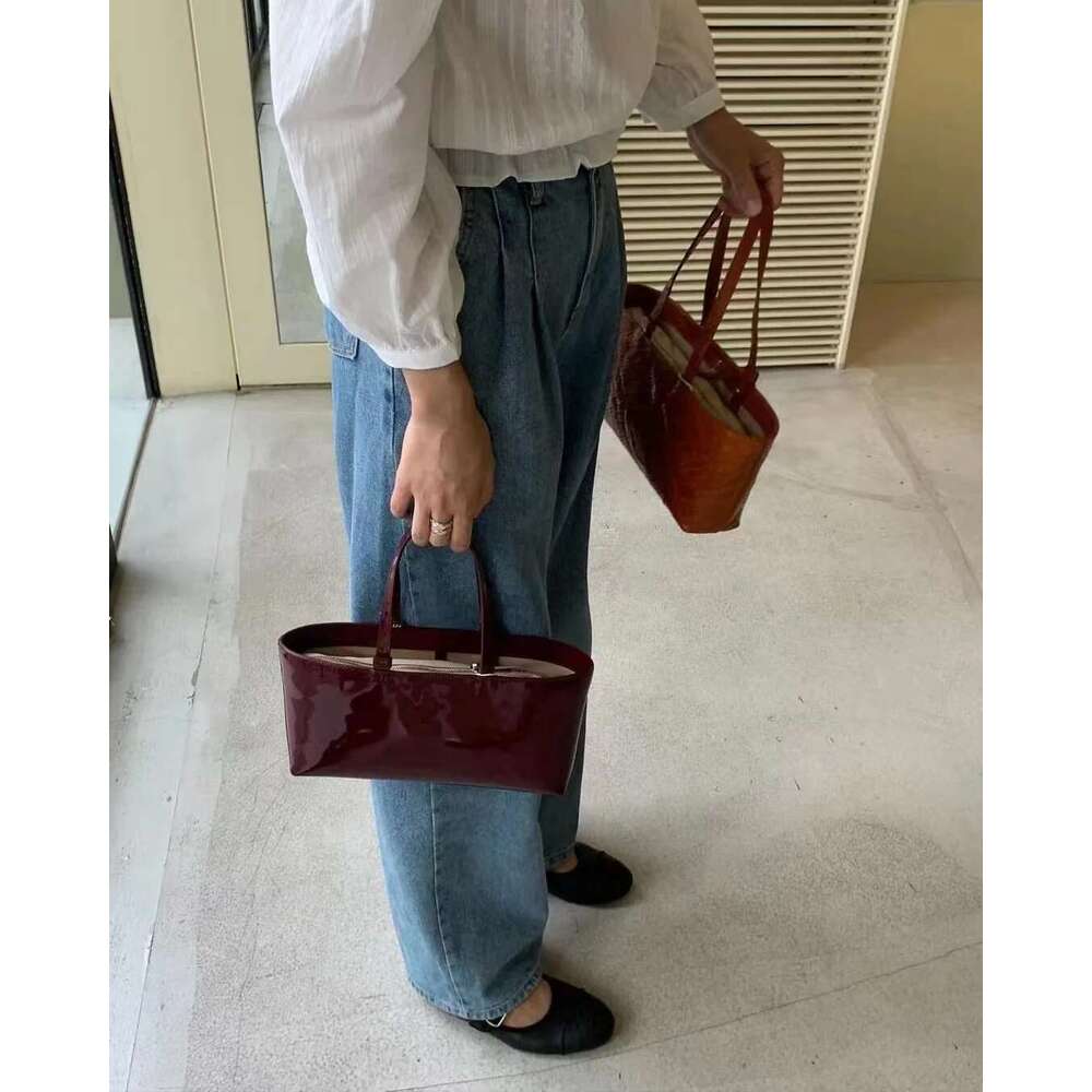 FIRMRANCH Simple Horizontal Square Design Urious Bright Patent Cowhide Leather Wine Red Women's Handbag Shoulder Underarm Bag