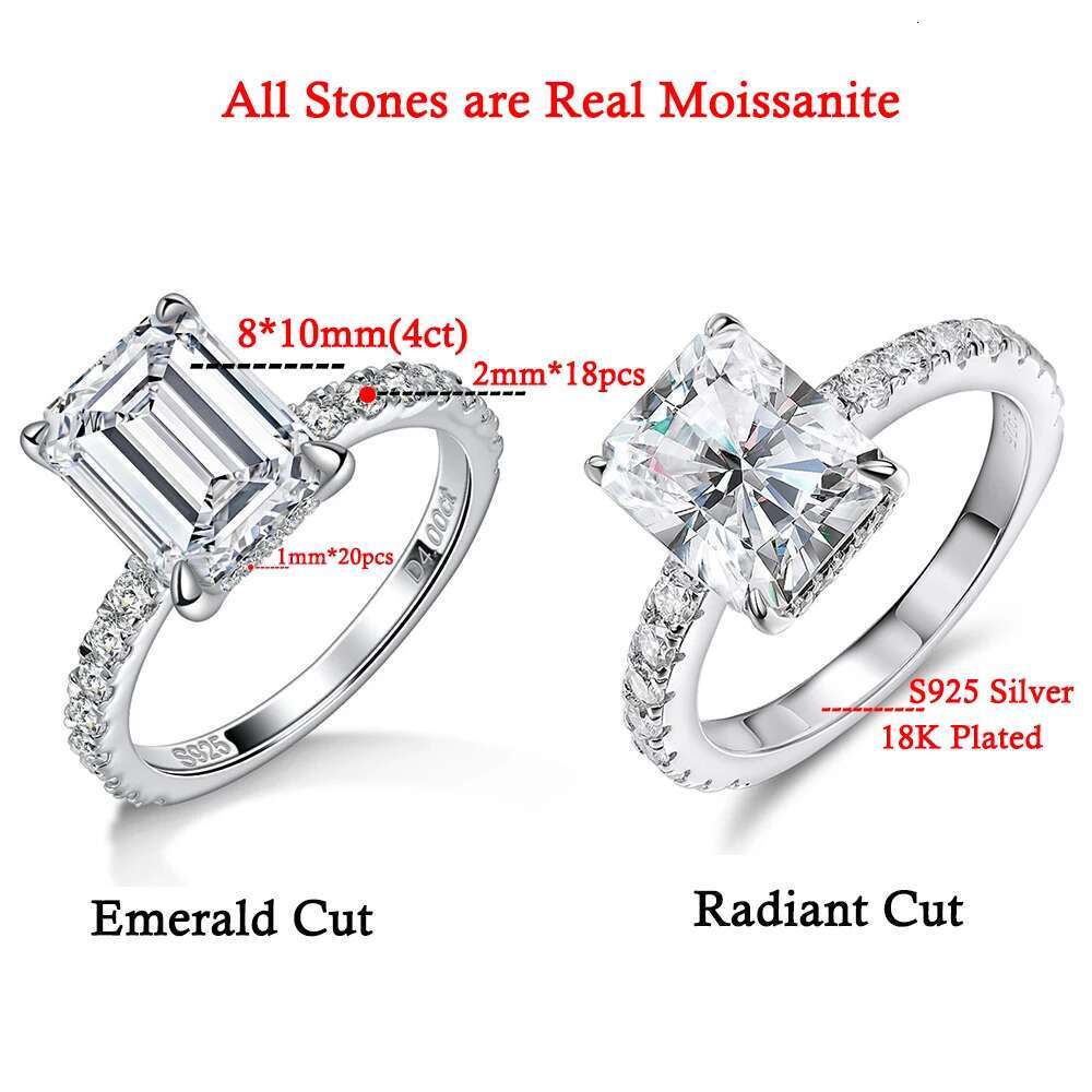 Emerald/Radiant Cut Real Full Moissanite Ring for Women 8*10mm D Color Diamond 925 Sterling Silver Wedding Band with Certificate