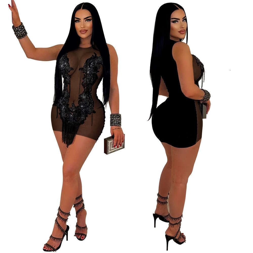 Style Sequin Sheer Fringe Sexy Bodycon Sleeveless Short Night club maxi dress SEXY DRESSES FOR WOMEN