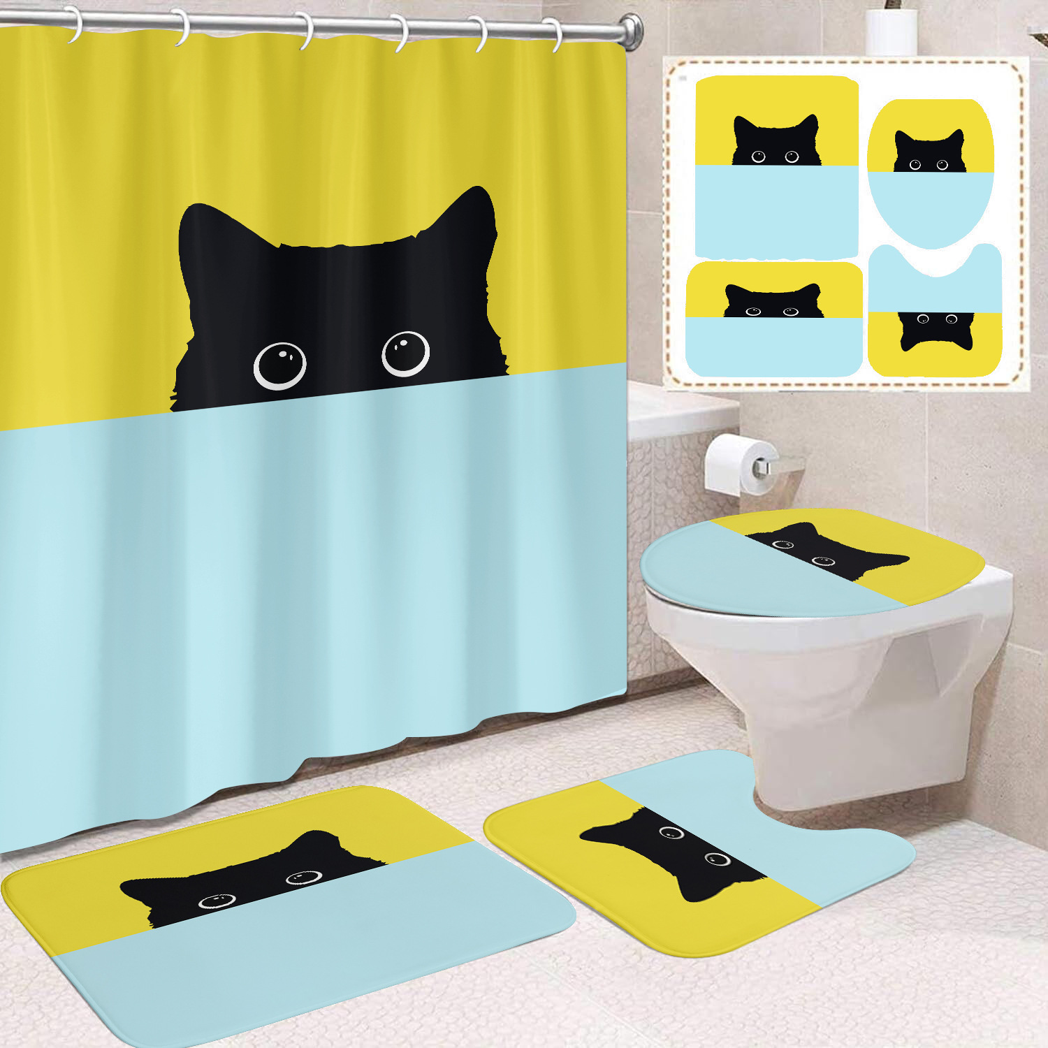YL-37671 Black and White Cat Shower Curtain Waterproof and Mildew-proof Digital Print Shower Curtain Four-Piece Set