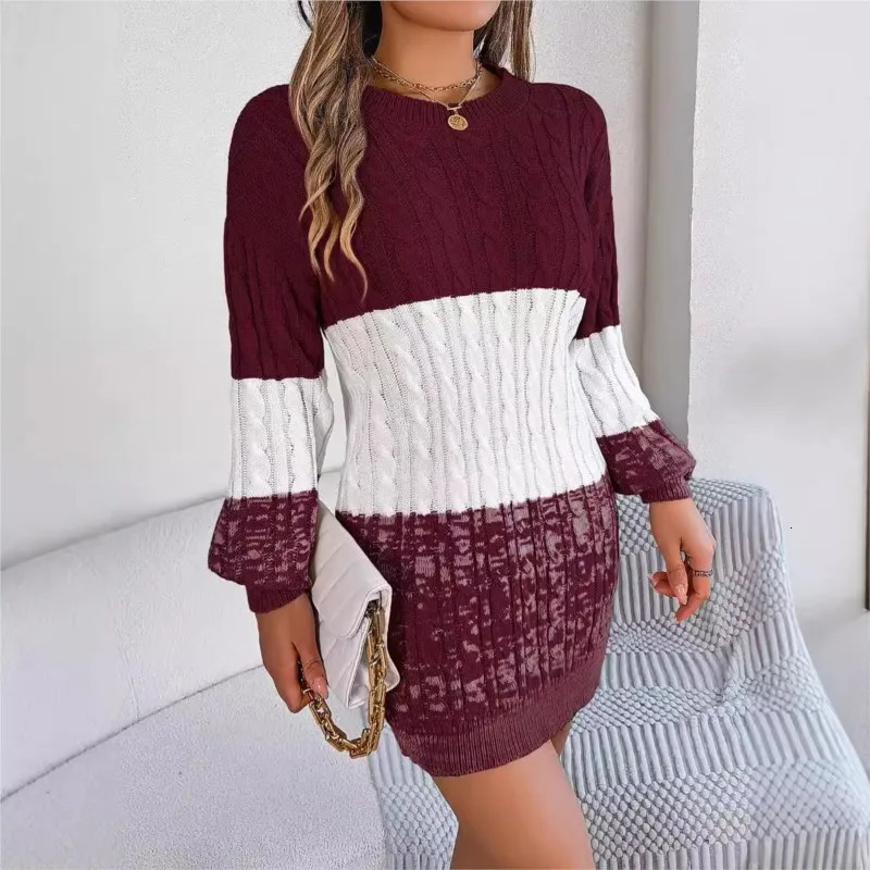 Womens Knitted Sweater Dress Color Blocked Autumn And Winter Elegant Square Collar Button Long Sleeve Bag Hip Skirt 251110