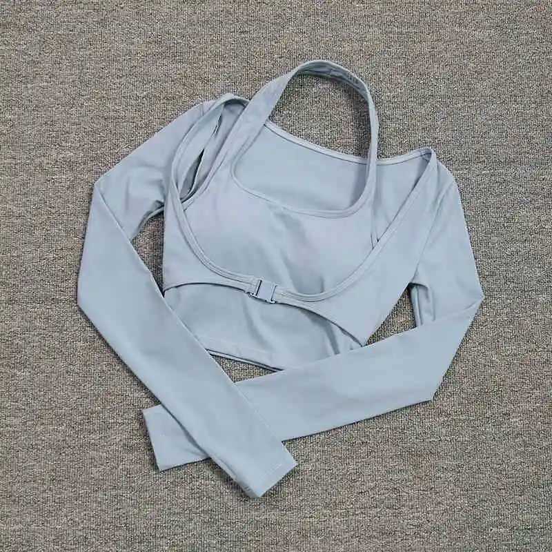 Wholesale customized blank 2-in-1 yoga crop womens long sleeved camisole bra top rib Agraffe fitness suitXJ250410