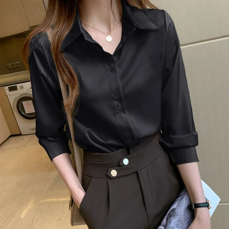 Womens silk shirt V-neck solid lace top womens spring fashion satin long sleeved shirt button white OL retro top 250409