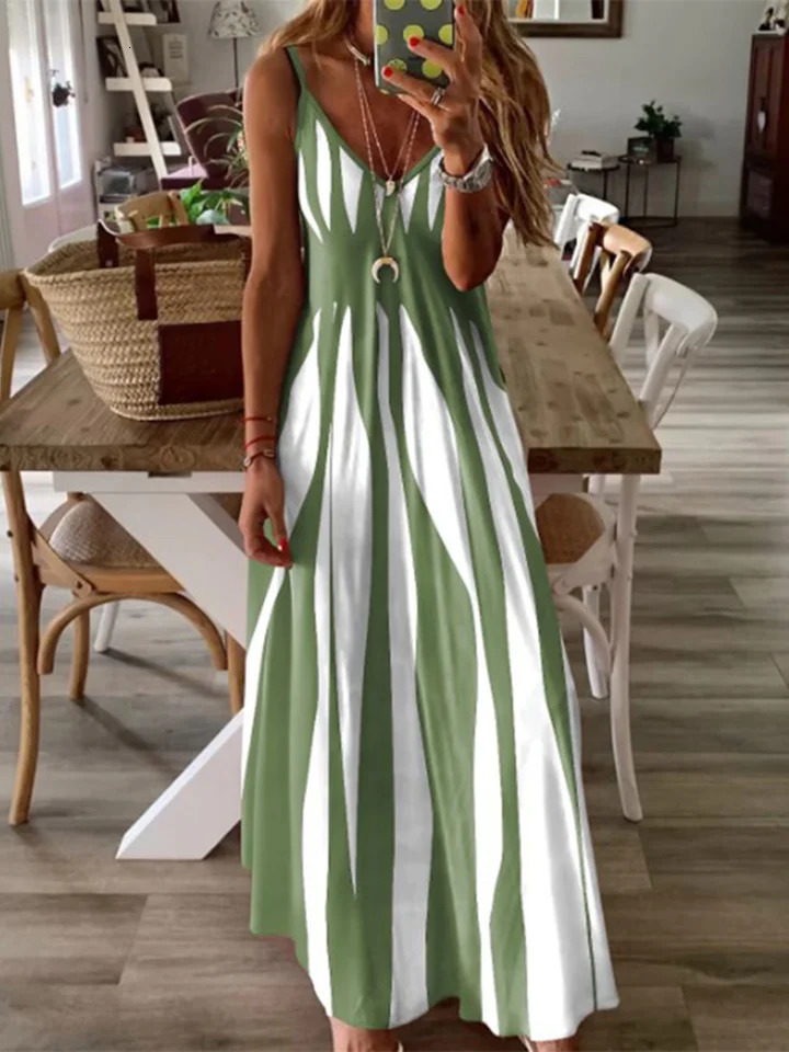 Sexy sleeveless womens black and white striped printed long dress summer casual vacation party dress long robe 250409