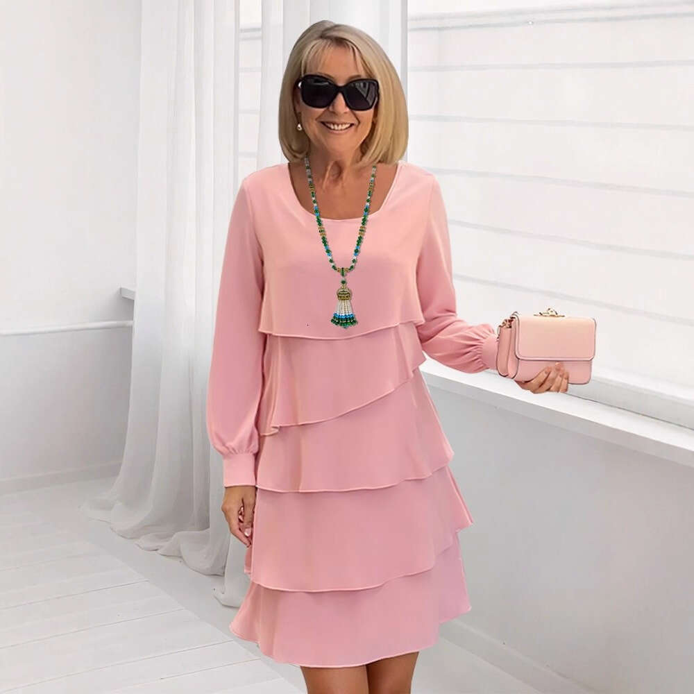 2025 Amazon Foreign Trade Autumn Fashion Cake Women's Elegant Loose Slimming Round Neck Long Sleeve Dress