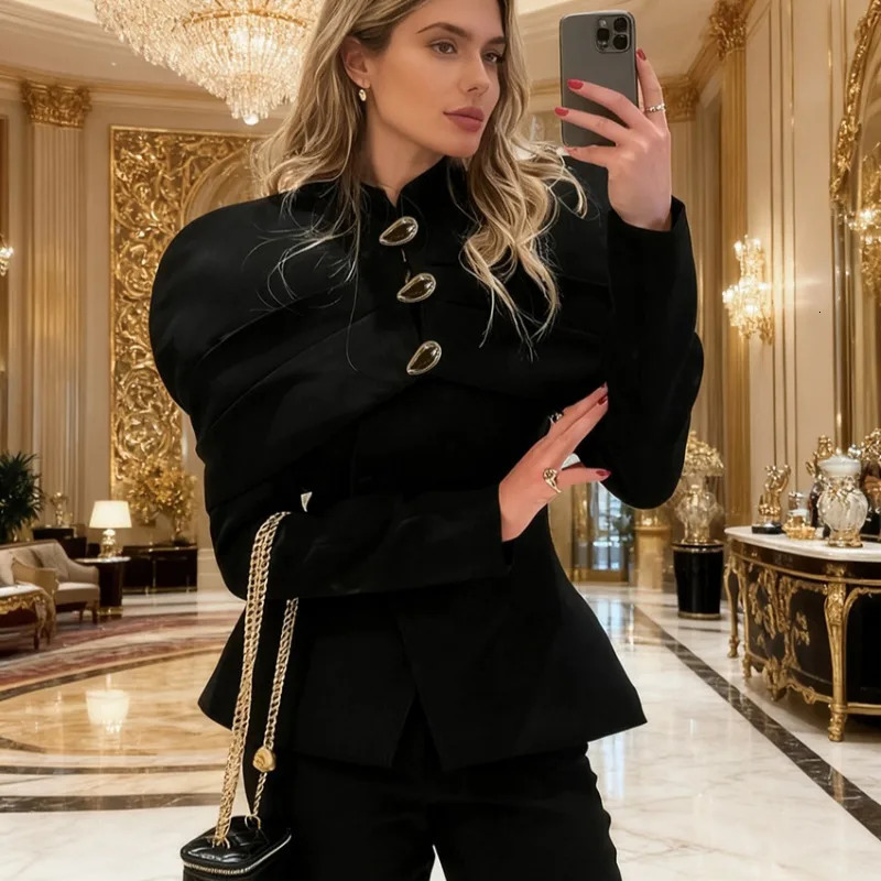 Trendix Black Elegant Blazer For Women Autumn Fashion Gold Buttons Patchwork Jacket Coat Party Vintage Commuter Suit 251110