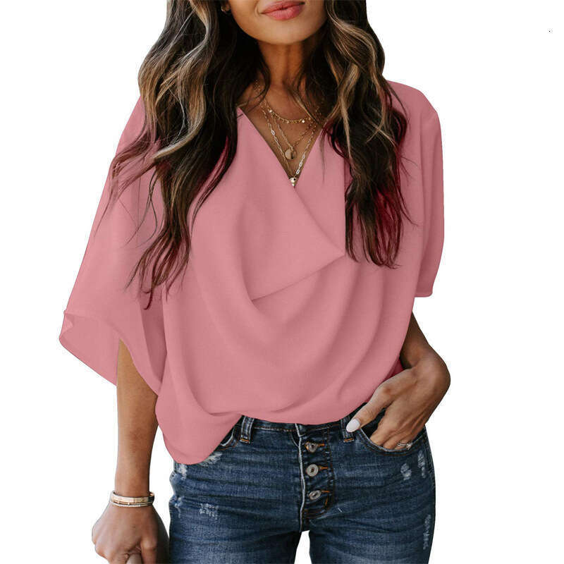2023 Amazon Wish Independent Station New European and American Chiffon Shirt Loose V-Neck Casual Top T-Shirt Women's Clothing